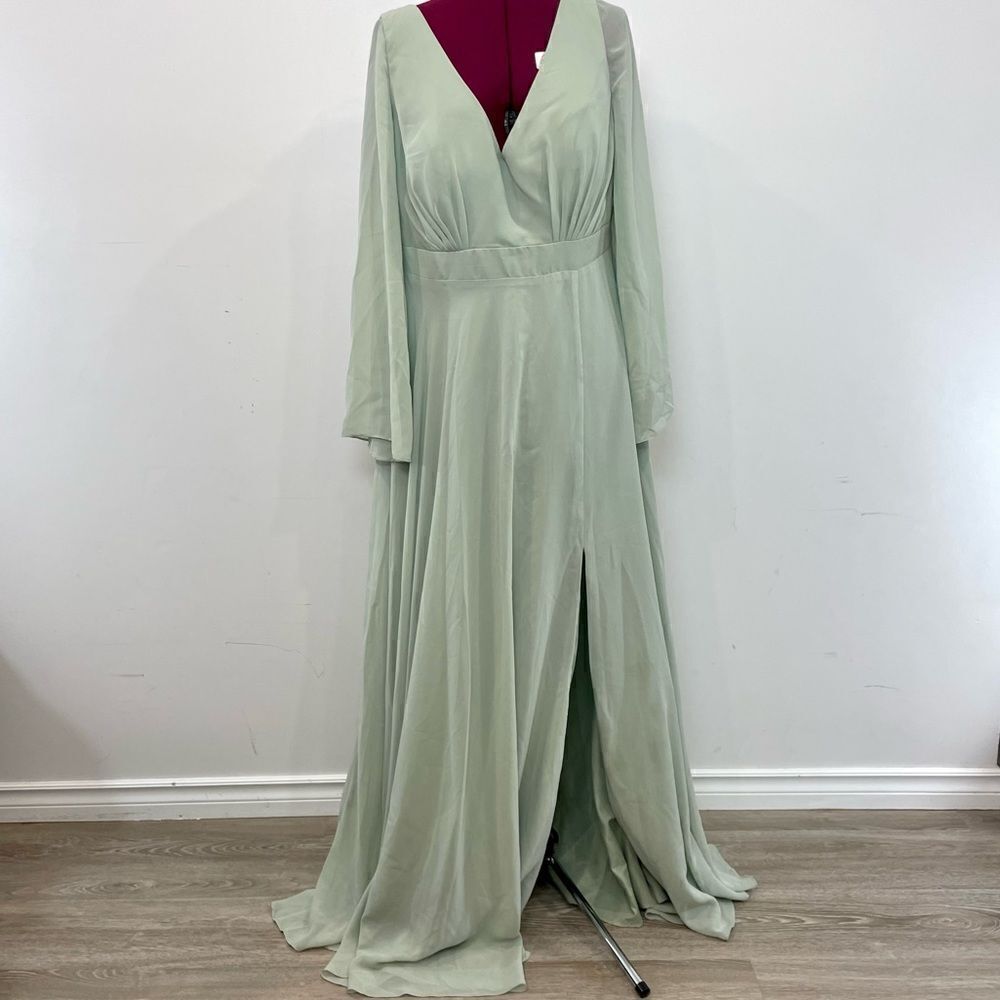 JJs House A-line V-Neck Chiffon Bridesmaid Dress Bell Sleeves Slit Sage 14/16